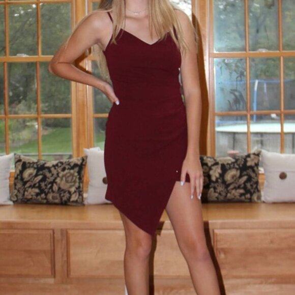 Emerald Sundae Women's M Red Spaghetti Strap Bodycon Dress V-Neck Asymmetric - Picture 4 of 9